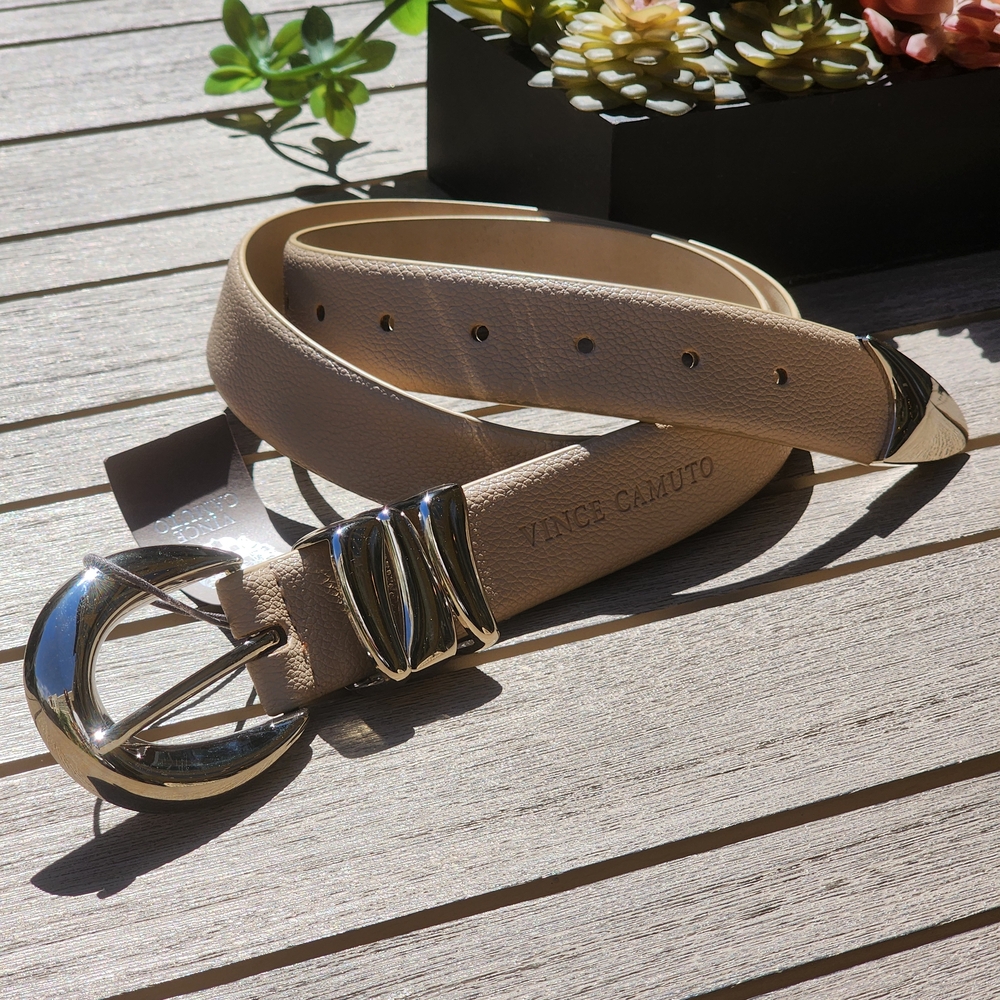 Vince Camuto Women's Sculptural Sand Faux Leather Belt Silver Buckle Size XL - Picture 4 of 9
